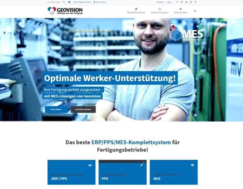 GEOVISION-Website 2017 nach der Neuausrichtung auf MES und Shopfloor